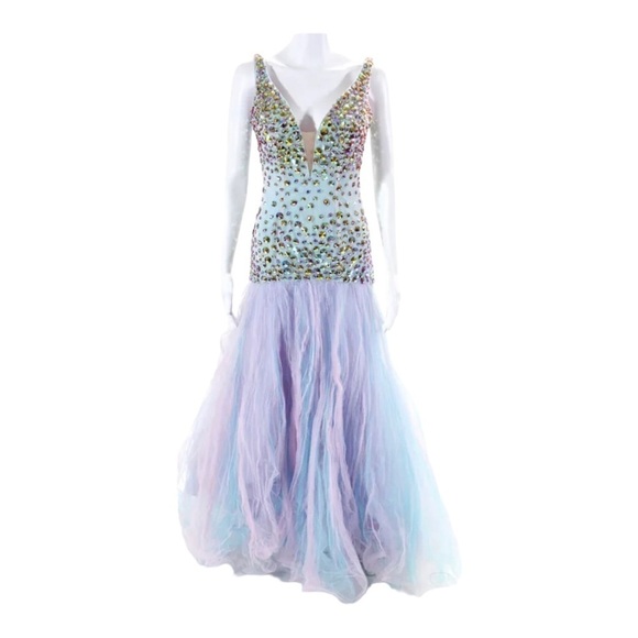 NWT SHERRI HILL Embellished Deep V Neck Mermaid Tulle Gown Blue Pink Size 2 - Picture 8 of 15